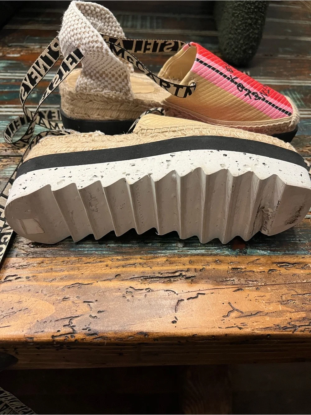 Stella McCartney Pink and Tan Striped Espadrille Platform Sandals